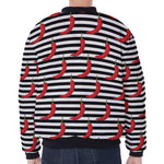 Black And White Striped Chili Print Zip Sleeve Bomber Jacket