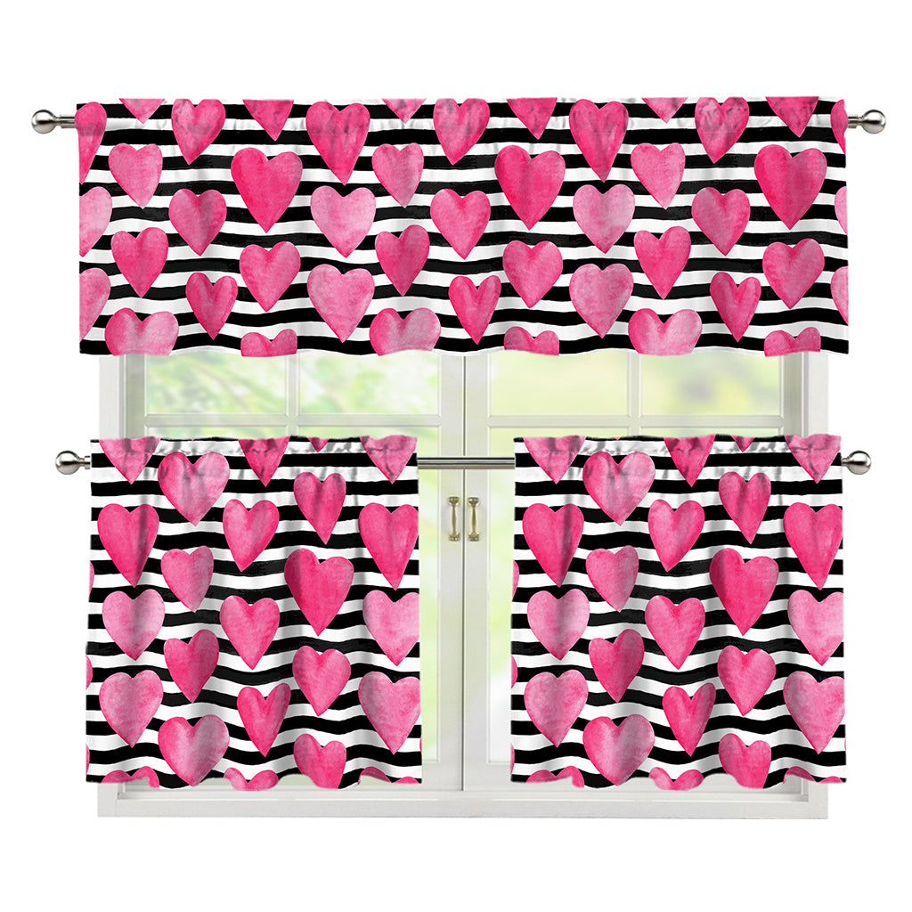 Black And White Striped Heart Print 3 Piece Kitchen Curtains
