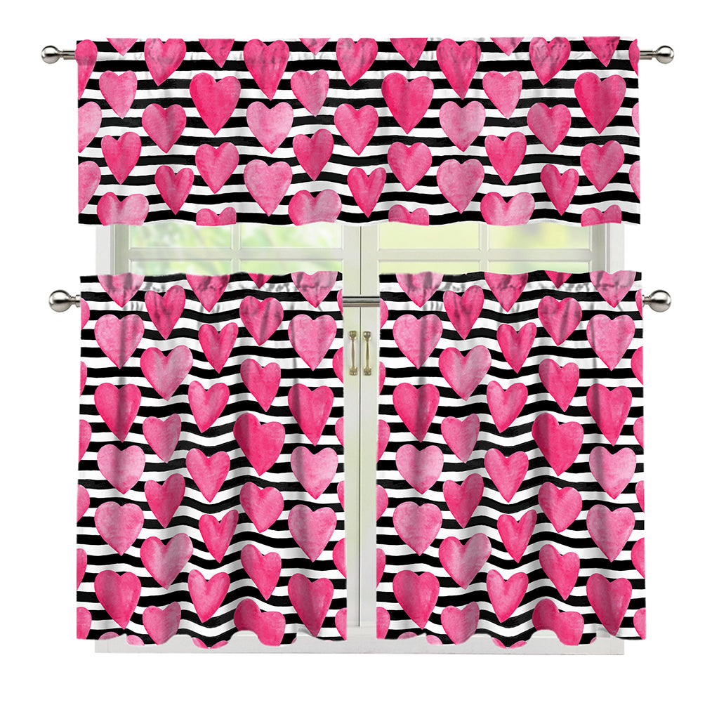 Black And White Striped Heart Print 3 Piece Kitchen Curtains