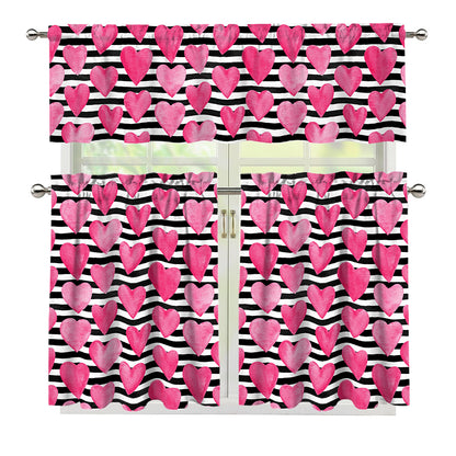Black And White Striped Heart Print 3 Piece Kitchen Curtains
