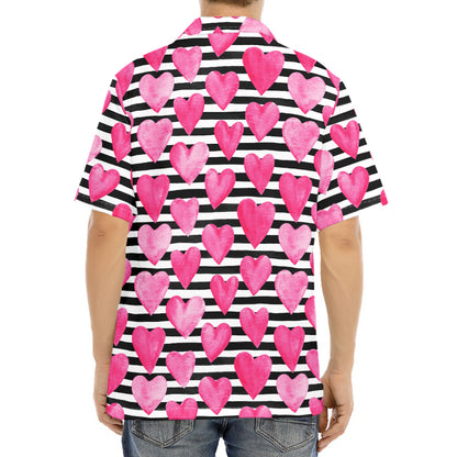 Black And White Striped Heart Print Aloha Shirt
