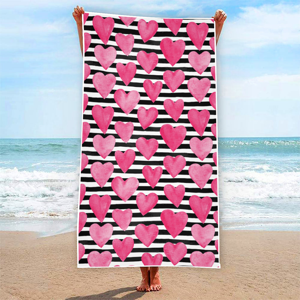 Black And White Striped Heart Print Beach Towel
