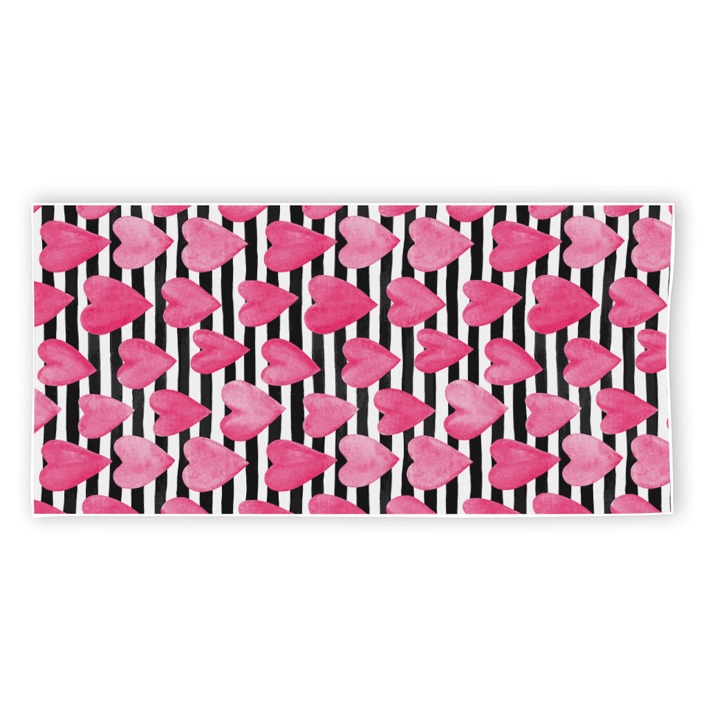 Black And White Striped Heart Print Beach Towel