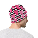 Black And White Striped Heart Print Beanie