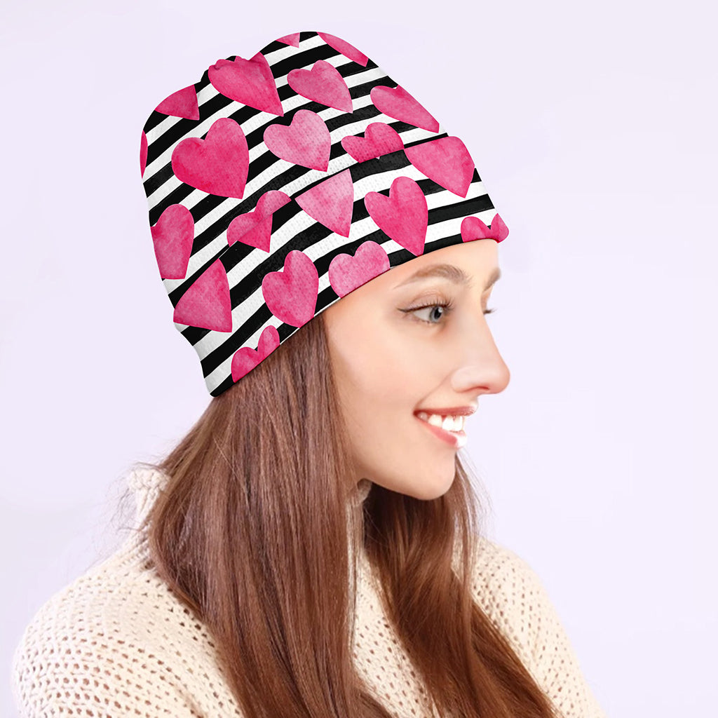 Black And White Striped Heart Print Beanie