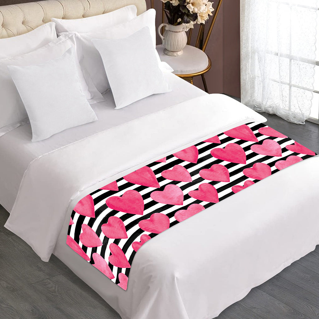 Black And White Striped Heart Print Bed Runner