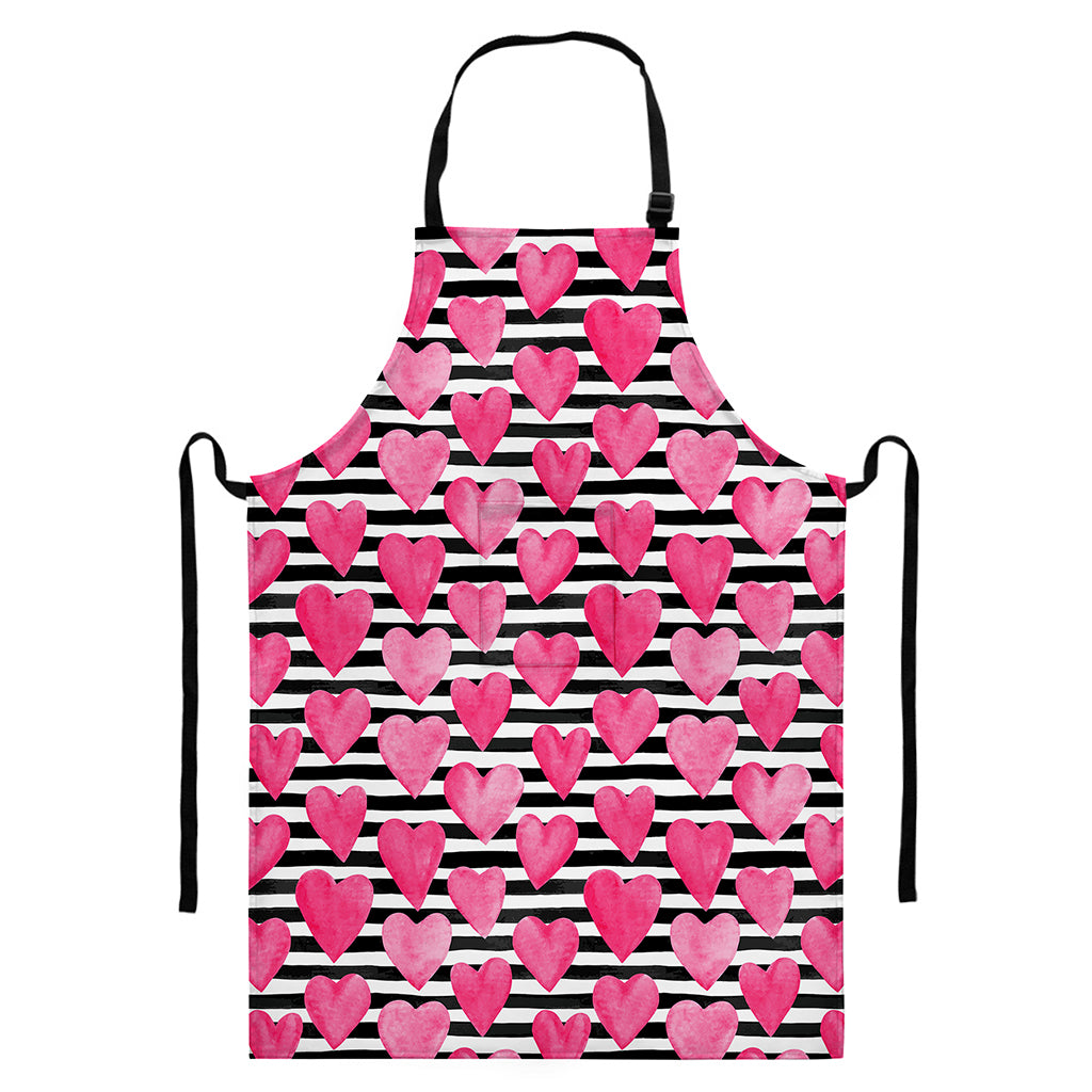 Black And White Striped Heart Print Bib Apron With Pocket