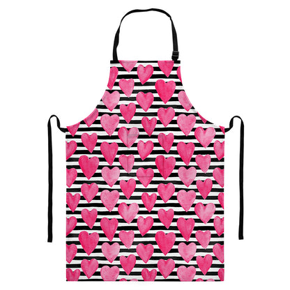 Black And White Striped Heart Print Bib Apron With Pocket