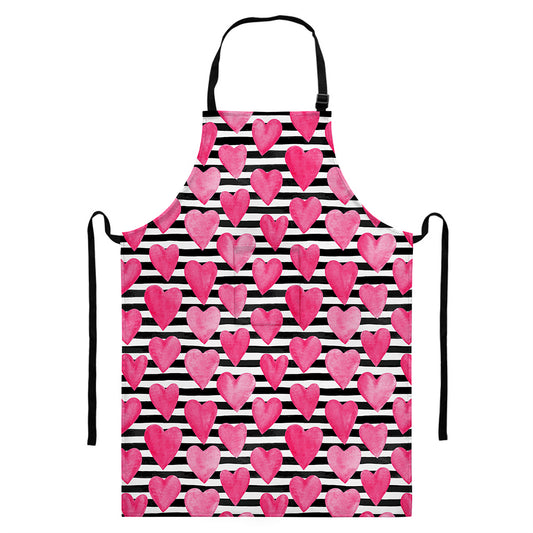 Black And White Striped Heart Print Bib Apron With Pocket