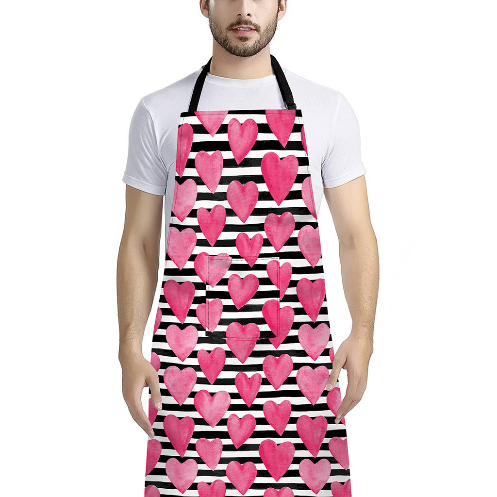 Black And White Striped Heart Print Bib Apron With Pocket