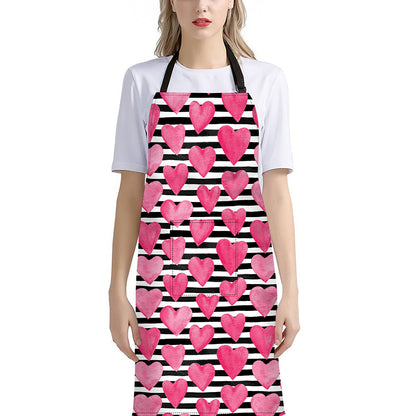 Black And White Striped Heart Print Bib Apron With Pocket