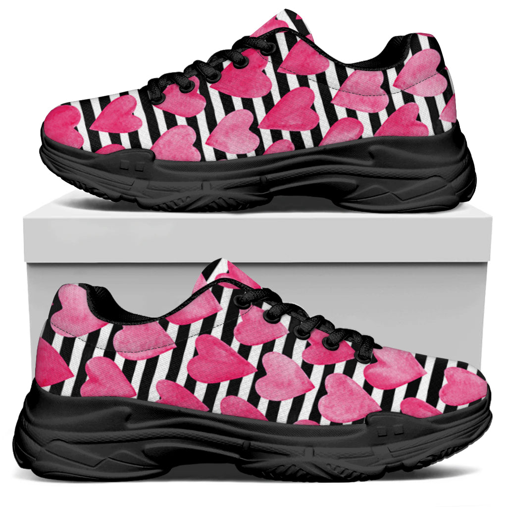 Black And White Striped Heart Print Black Chunky Shoes