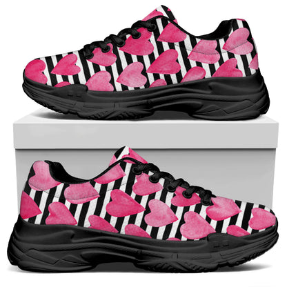 Black And White Striped Heart Print Black Chunky Shoes