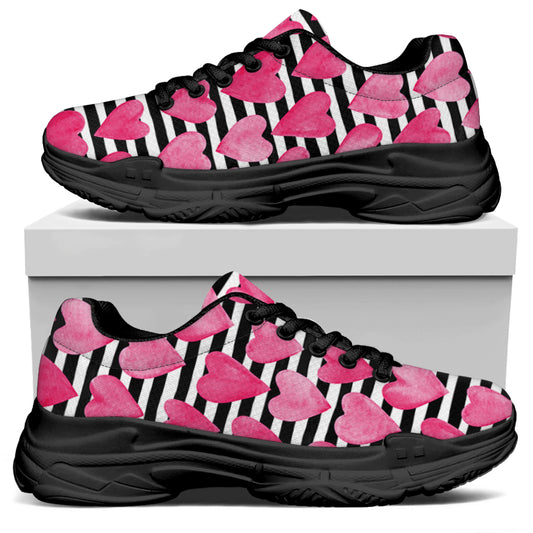 Black And White Striped Heart Print Black Chunky Shoes