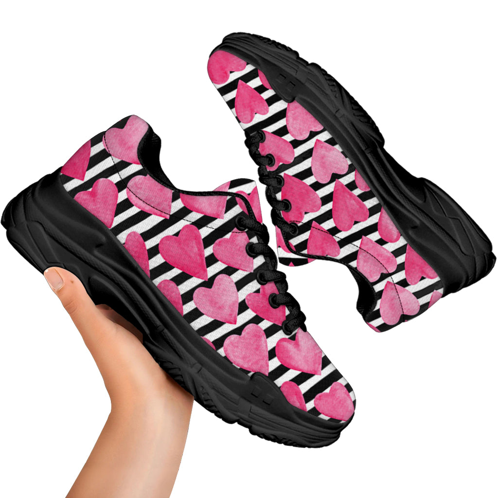 Black And White Striped Heart Print Black Chunky Shoes