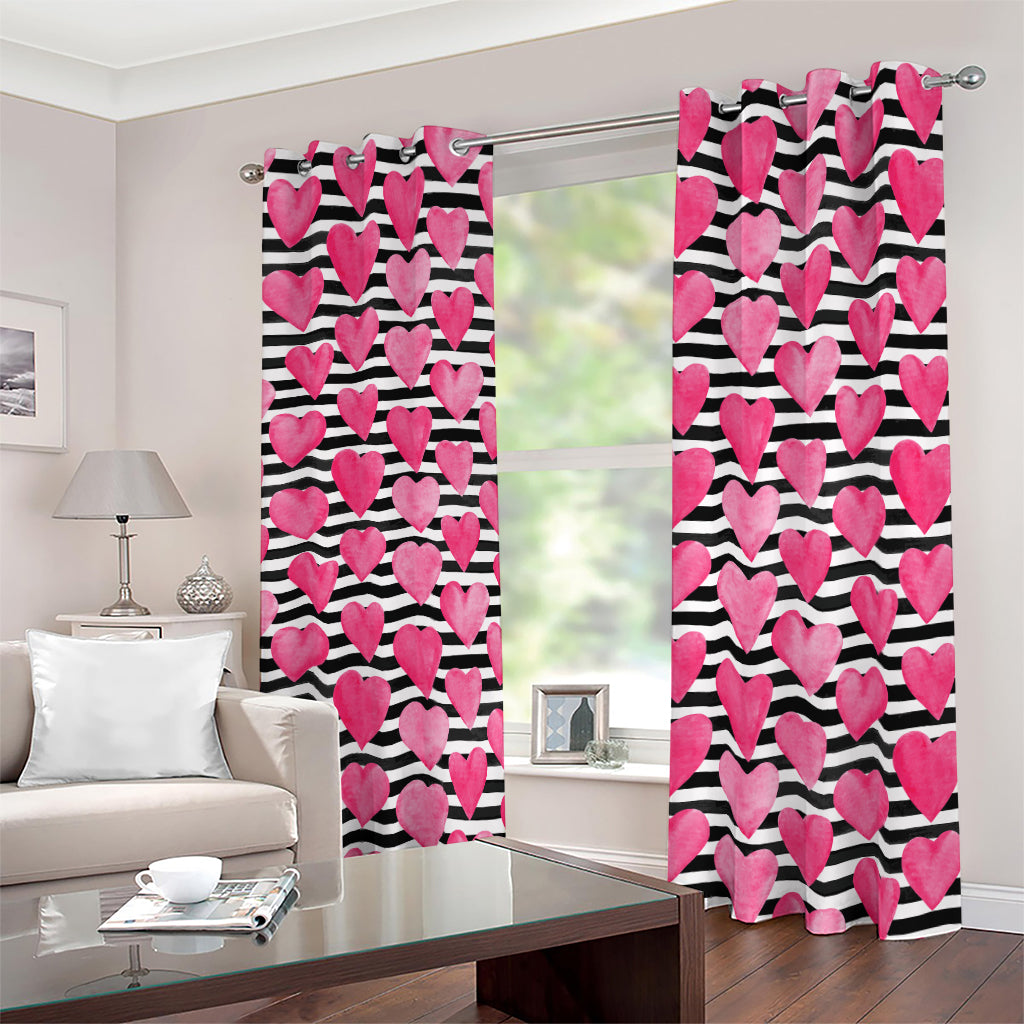 Black And White Striped Heart Print Blackout Grommet Curtains