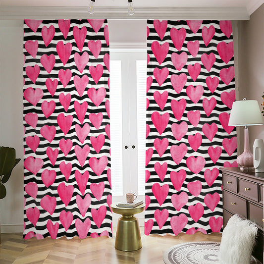 Black And White Striped Heart Print Blackout Pencil Pleat Curtains