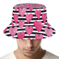 Black And White Striped Heart Print Bucket Hat