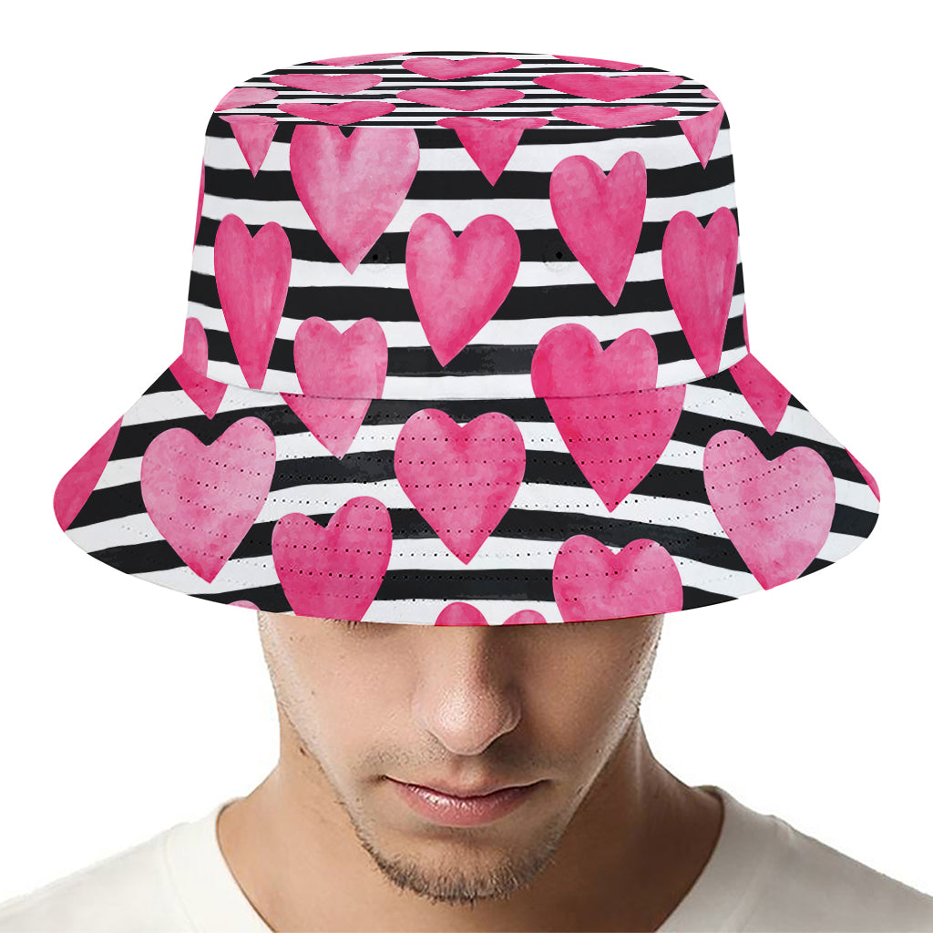 Black And White Striped Heart Print Bucket Hat