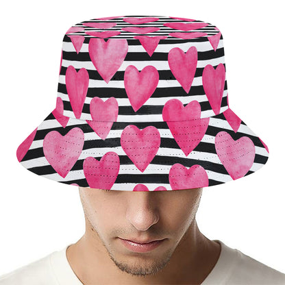 Black And White Striped Heart Print Bucket Hat