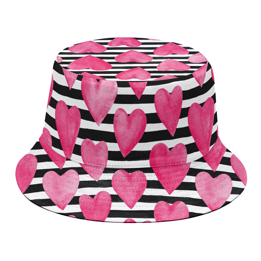 Black And White Striped Heart Print Bucket Hat