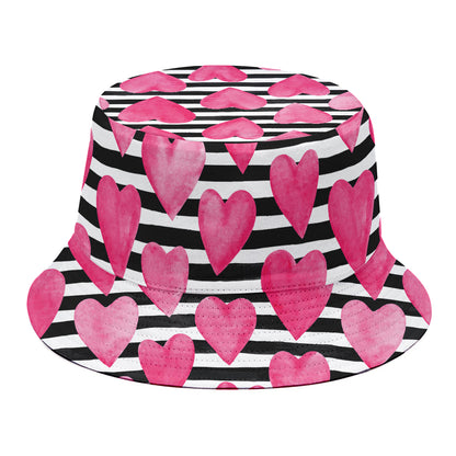 Black And White Striped Heart Print Bucket Hat