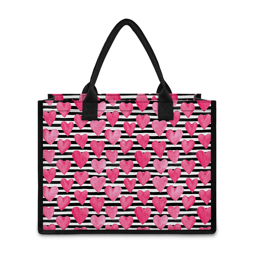 Black And White Striped Heart Print Canvas Tote Bag