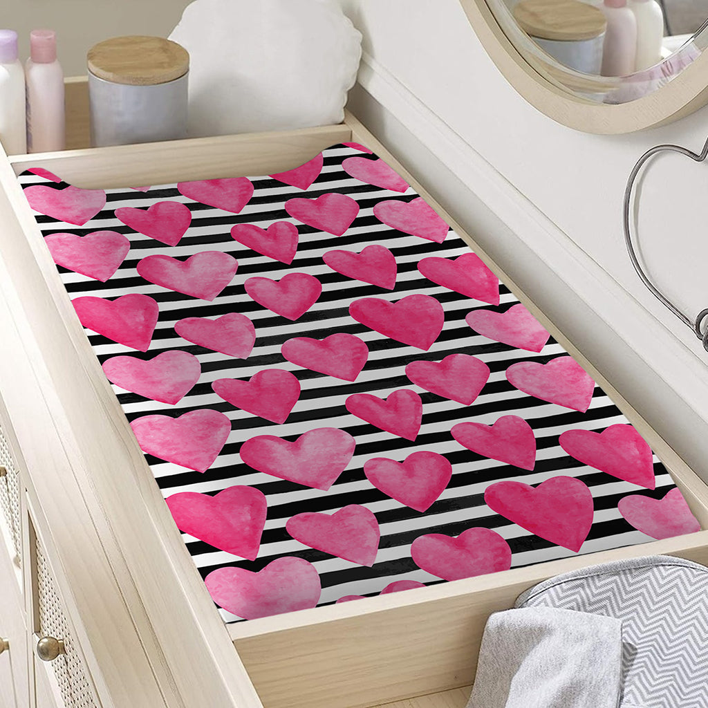 Black And White Striped Heart Print Changing Pad Cover