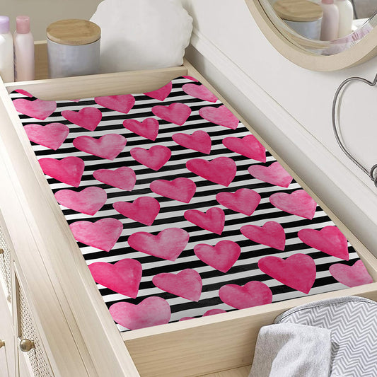 Black And White Striped Heart Print Changing Pad Cover
