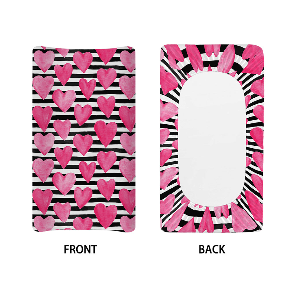 Black And White Striped Heart Print Changing Pad Cover