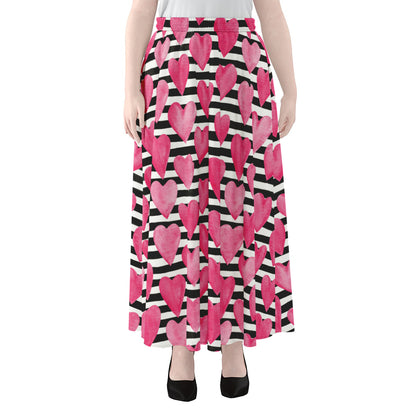 Black And White Striped Heart Print Chiffon Maxi Skirt