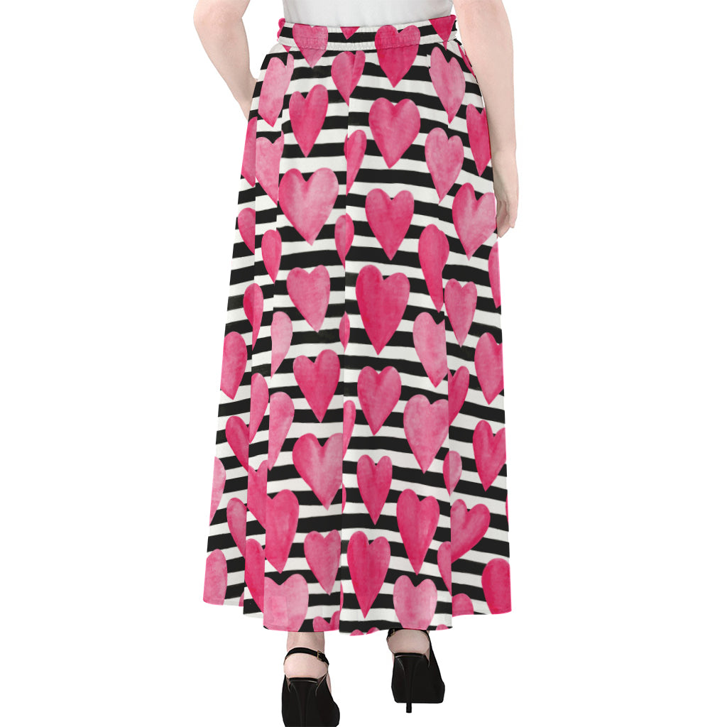 Black And White Striped Heart Print Chiffon Maxi Skirt