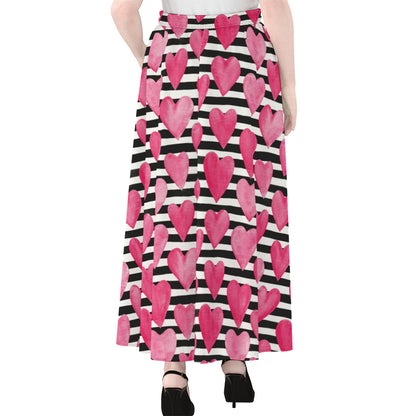 Black And White Striped Heart Print Chiffon Maxi Skirt
