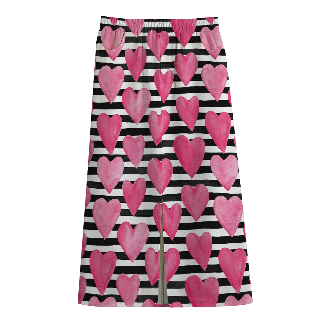 Black And White Striped Heart Print Cotton Front Slit Maxi Skirt