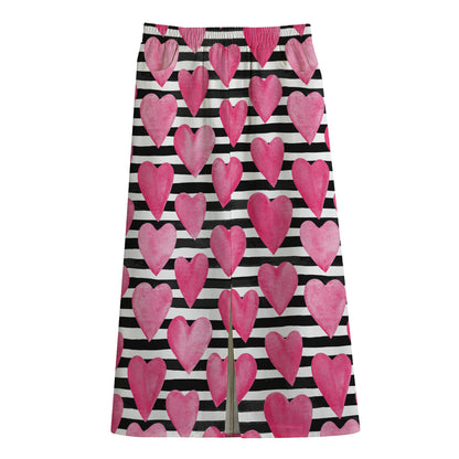 Black And White Striped Heart Print Cotton Front Slit Maxi Skirt