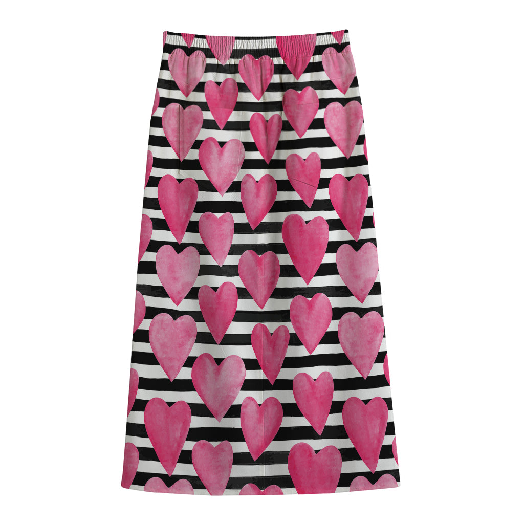Black And White Striped Heart Print Cotton Front Slit Maxi Skirt