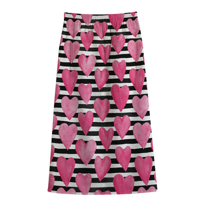 Black And White Striped Heart Print Cotton Front Slit Maxi Skirt