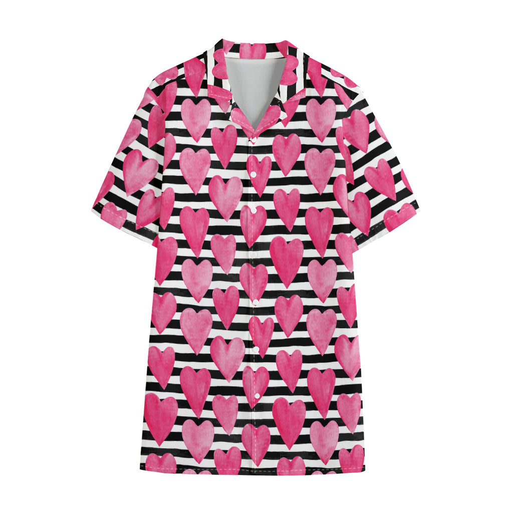 Black And White Striped Heart Print Cotton Hawaiian Shirt