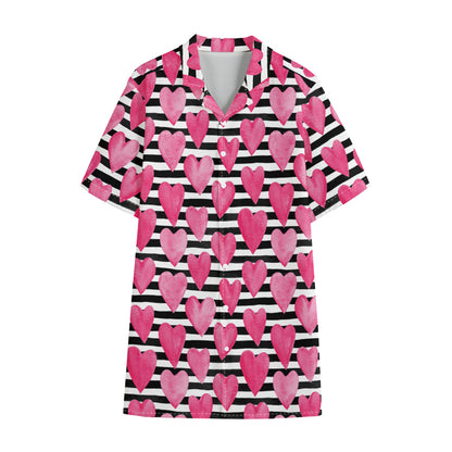 Black And White Striped Heart Print Cotton Hawaiian Shirt