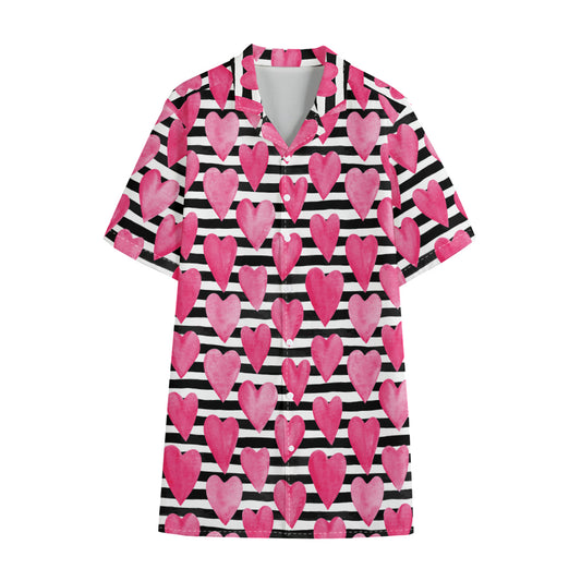 Black And White Striped Heart Print Cotton Hawaiian Shirt