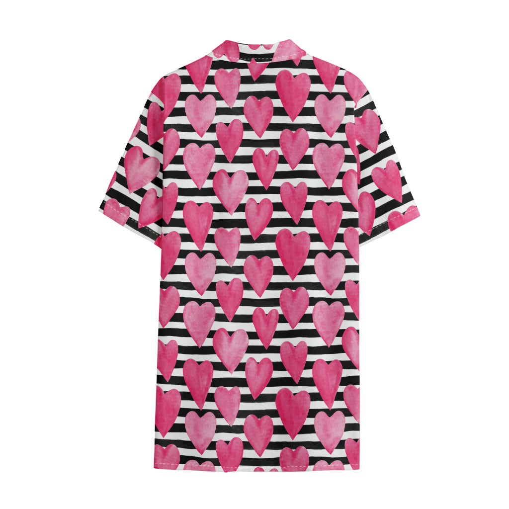 Black And White Striped Heart Print Cotton Hawaiian Shirt