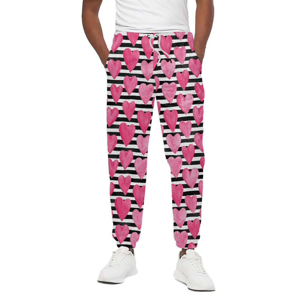 Black And White Striped Heart Print Cotton Pants