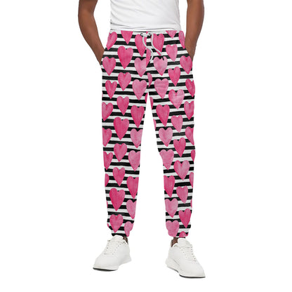 Black And White Striped Heart Print Cotton Pants