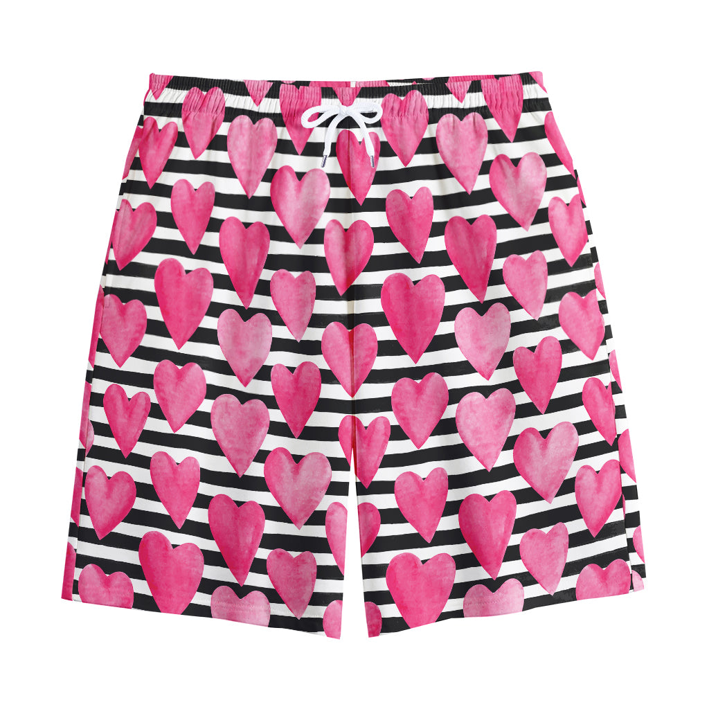 Black And White Striped Heart Print Cotton Shorts