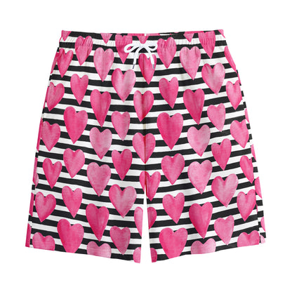 Black And White Striped Heart Print Cotton Shorts