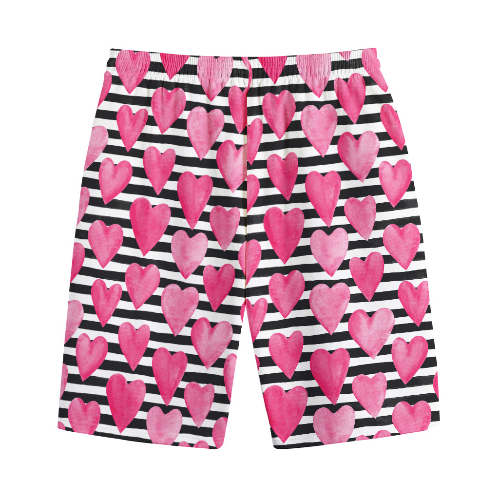 Black And White Striped Heart Print Cotton Shorts