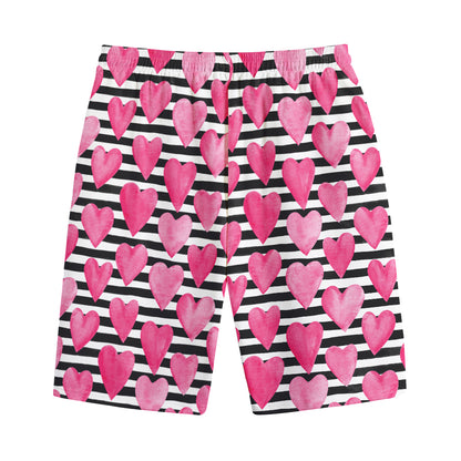 Black And White Striped Heart Print Cotton Shorts