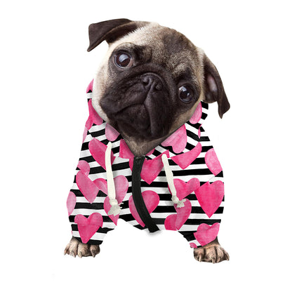 Black And White Striped Heart Print Dog Zip Up Hoodie