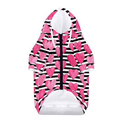Black And White Striped Heart Print Dog Zip Up Hoodie