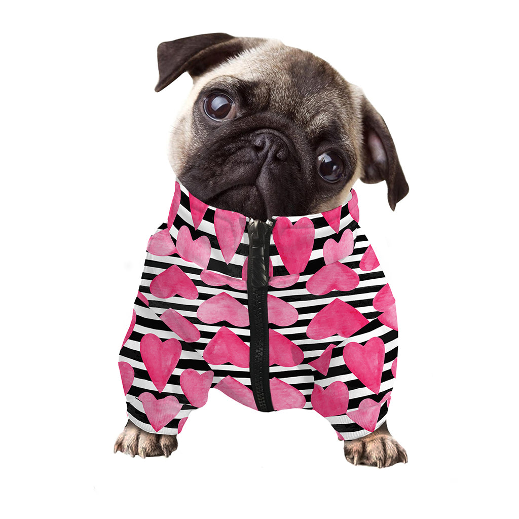 Black And White Striped Heart Print Dog Zip Up Jacket